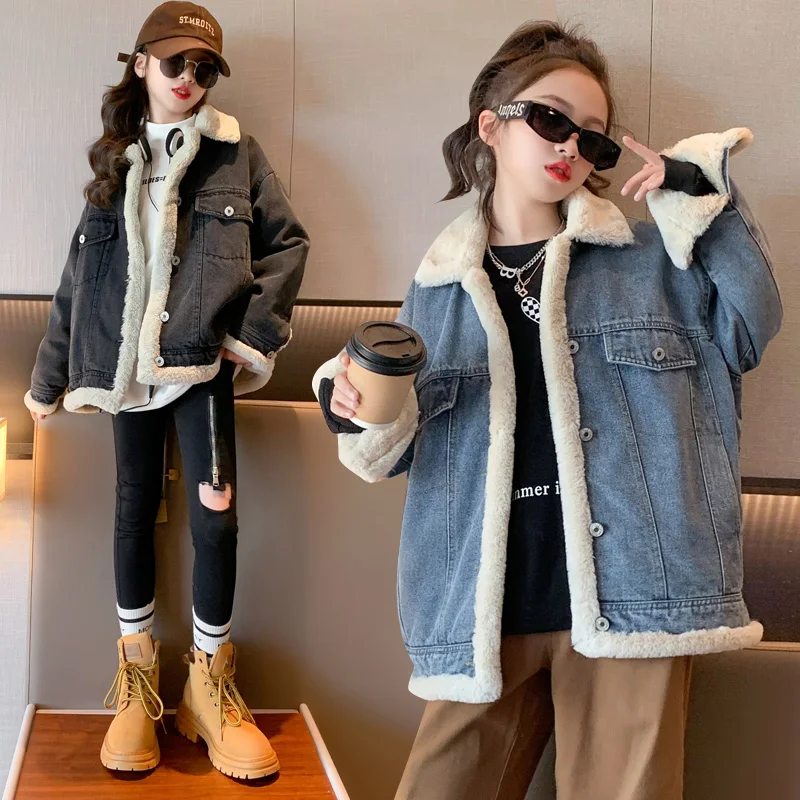 

Trendy Black Blue Denim Jacket Warm Faux Fur Collar Cuffs Middle Long Jackets Girls Autumn Winter Chic Casual Coats Age 4-14Y