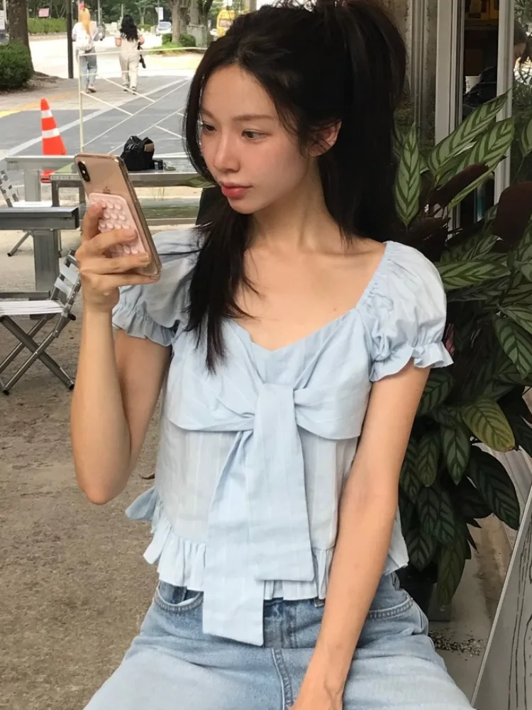 

Chic Knot ort irt Women's Top Summer Bubble Sve Lace Hem ort irt Sli Agel Faionable Striped Pat...