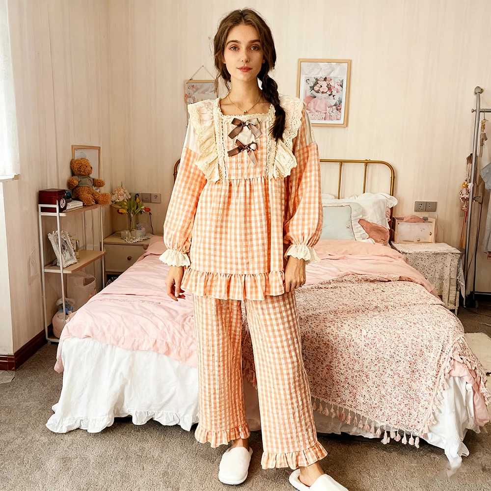 

Женский пижамный комплект с сексуальным бантом и кружевом — милый стиль принцессы, уютная домашняя одежда в клетку для ночей