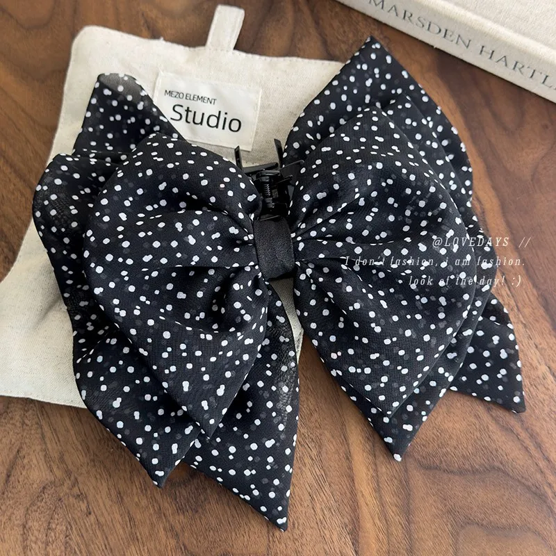 

Exquisite Retro Black Polka Dot Mesh Flowy Bow Hair Claw Half Back Updo Styling Tool for Women Chiffon Lightweight No Crease