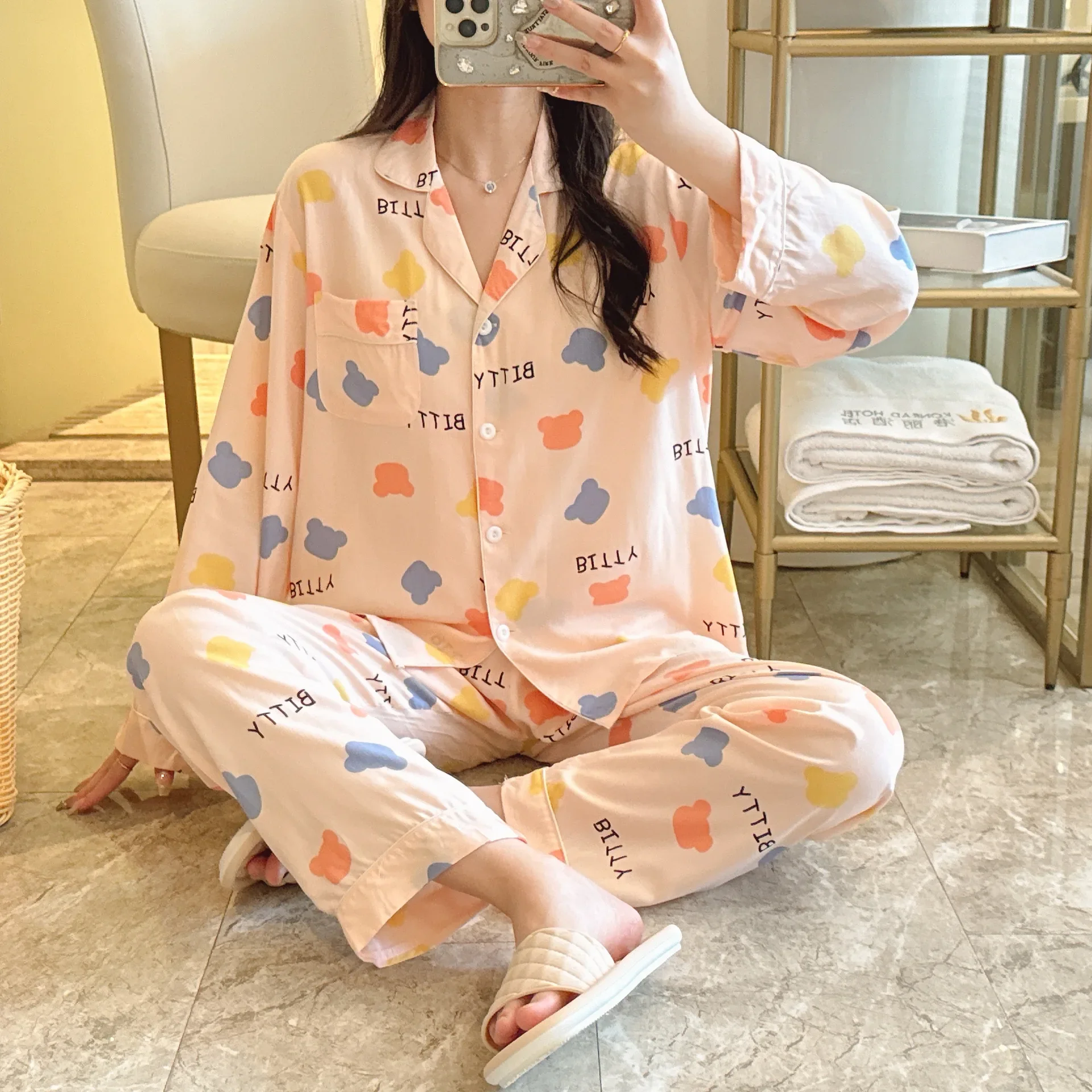 

Pink Long Sleeve Pants Floral Print Woman Satin Pajama Sets Ensembles 2 Piece Two-Piece Lady Outfit Lounge Women Pijama Pj