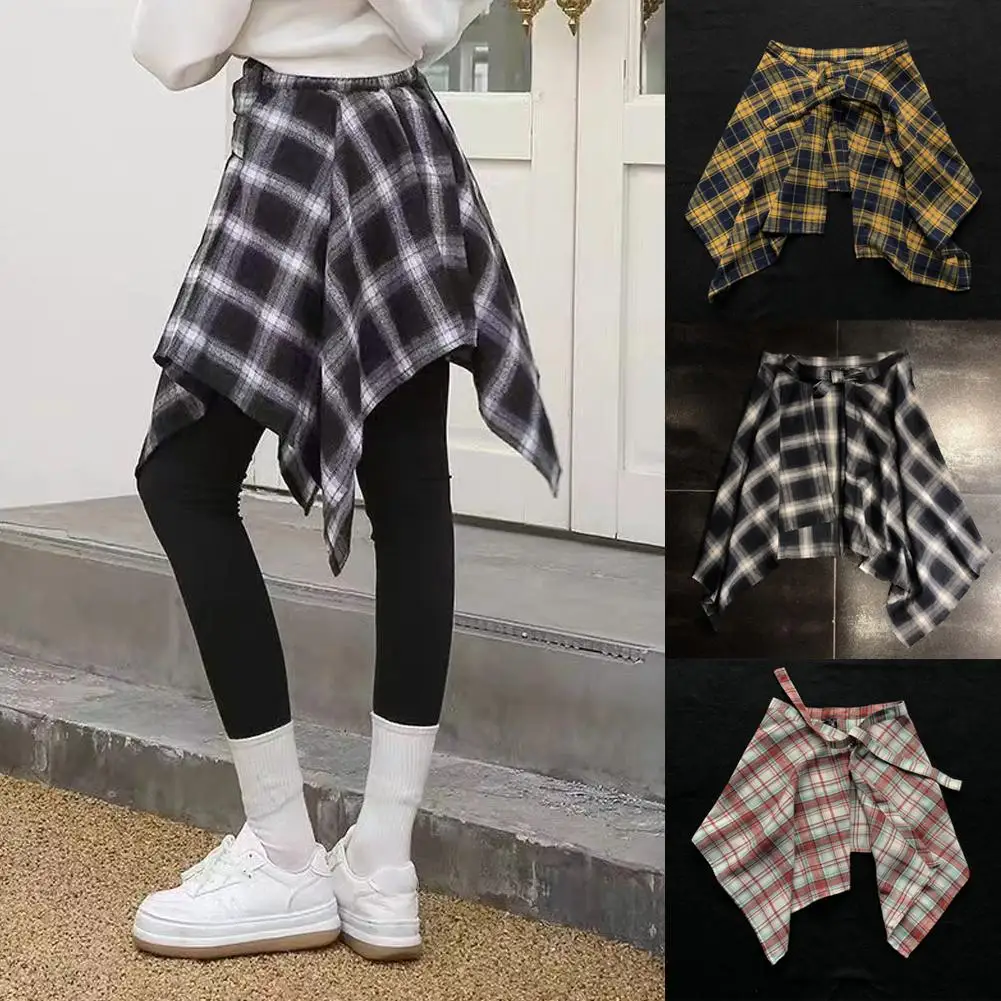 Unisex Checkered Layered Short Wrap Skirt Irregular Pleated Apron Skirt Tie Up A Line Hip Scarf Overskirt Shirt Extender