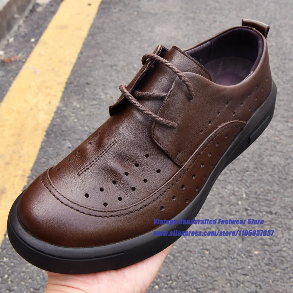 Brown Leather Hollow Out Men's Shoes  Thick Sole Lace-Up Breathable Office Casual Dress Shoes ﻿Vintage Handcrafted Men's Shoes