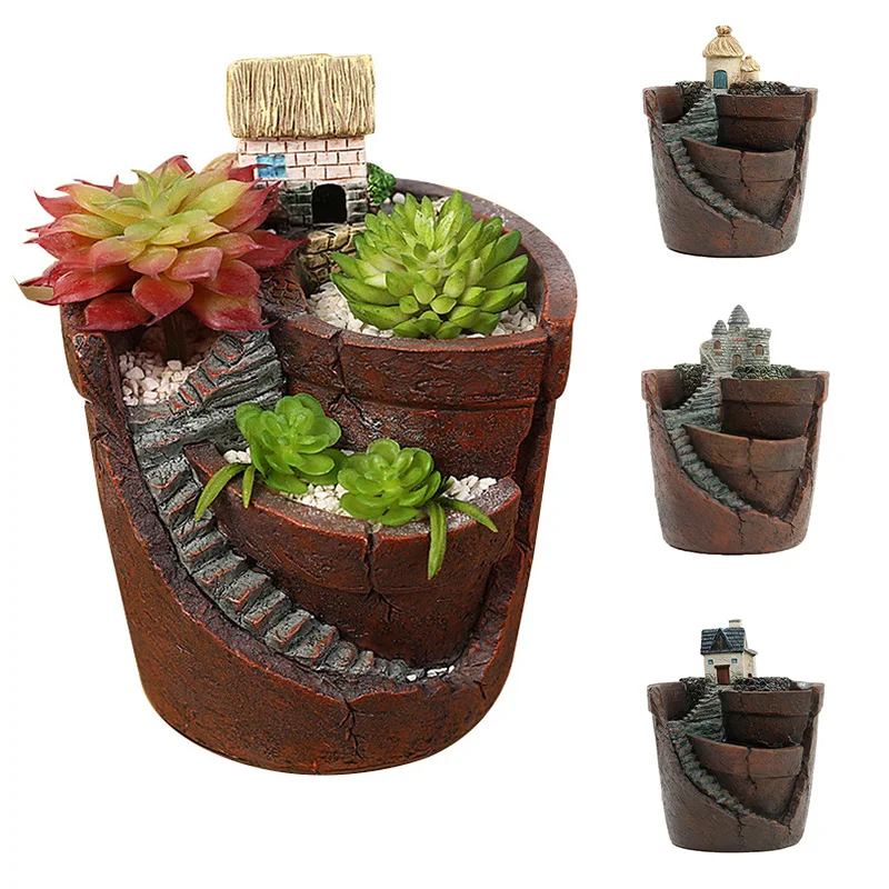 Creative Micro Landscape Succulent Plants Flowerpot Resin Castle Village Design Crafts Ornament Garden Balcony Decor Flower Pots