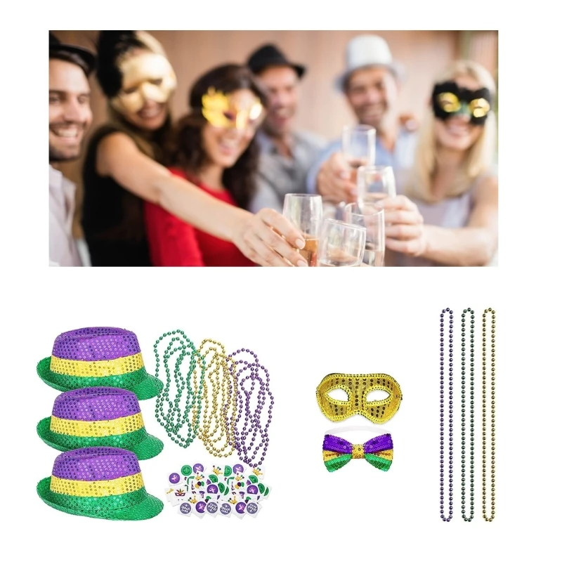 Mardi Gras Costume Set with JazzHat Bead Necklace Bowtie LasVegas FatTuesday Decorations Carnival Party Props Supplies M6CD