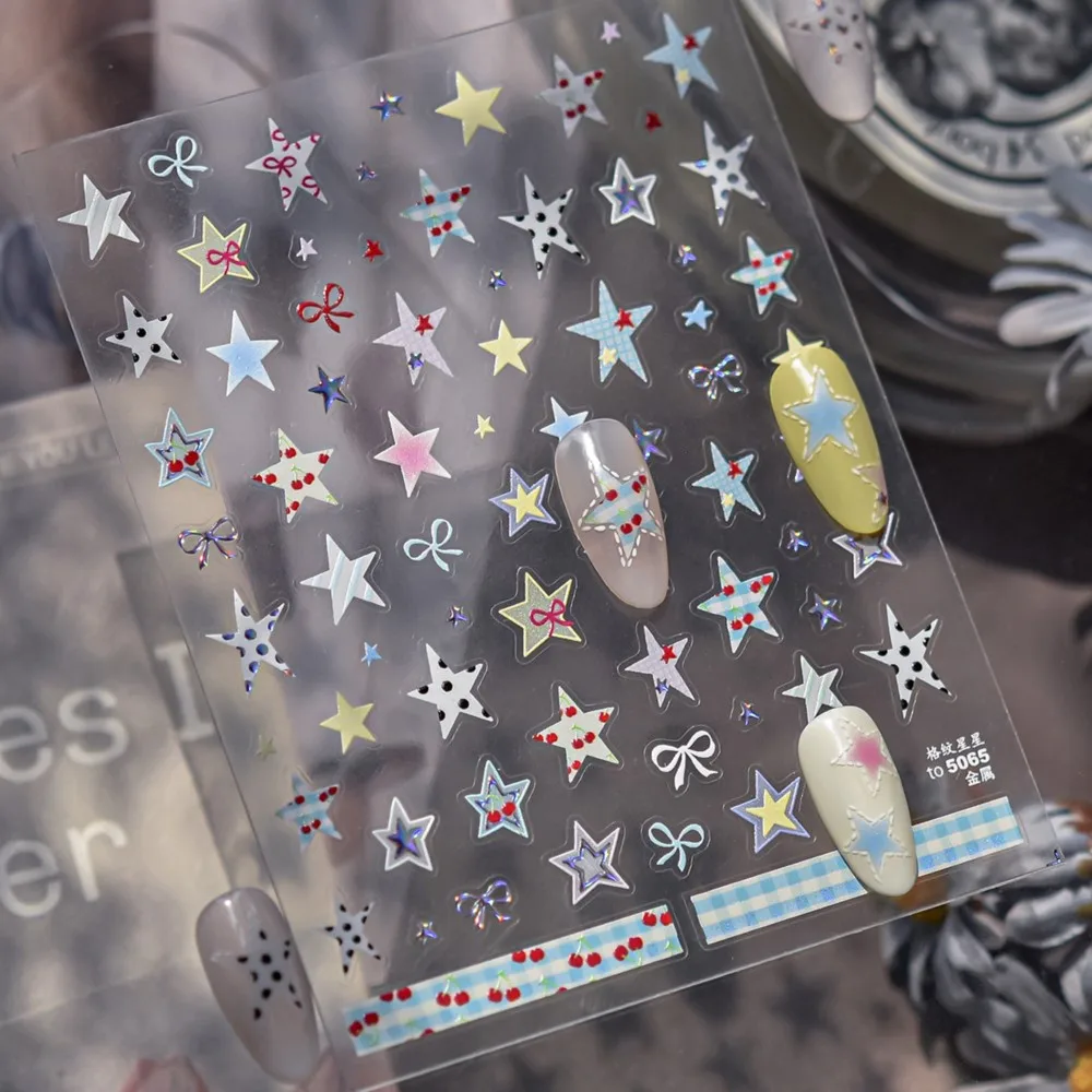Naklejki na paznokcie 5D, błyszcząca metalowa siatka, gwiazdy, kolorowe kokardki z pięcioramienną gwiazdą, naklejki do zdobienia paznokci DIY, samoprzylepne naklejki do manicure