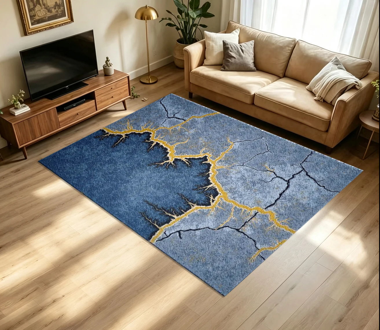 Luxury Kintsugi Crack River Texture Carpet Flooring Modern Blue Gold Marble Crackle Art Printed Floor Rug for Household Indoor Home High-End Home Decor