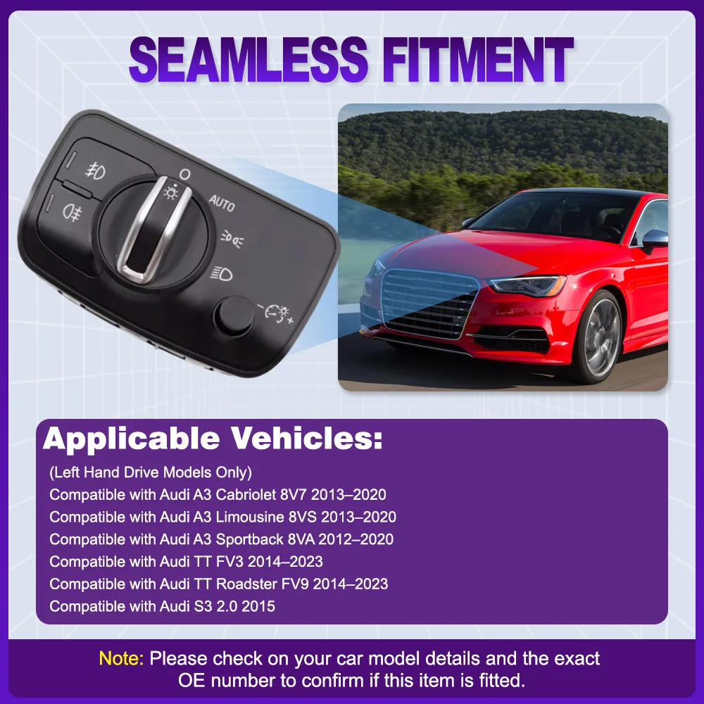 

Car Headlight Fog Light Control Switch for Audi A3 2012-2020 TT 2014-2023 8V0941531AE with AUTO Function