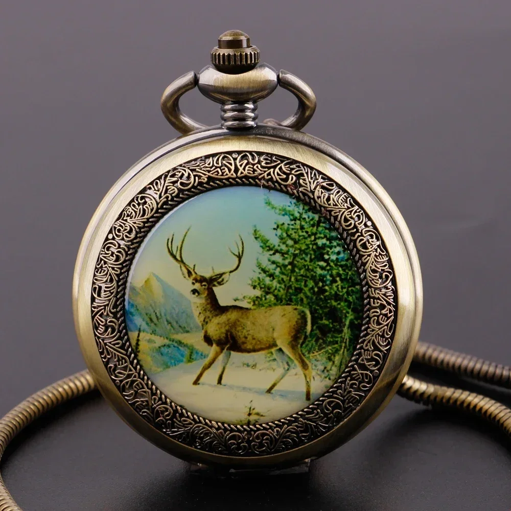 Bronze Elk Display Hand Winding Mechanical Pocket Watch Retro Moon Phase Roman Numeral Display Manual Mechanism Pocket Clock