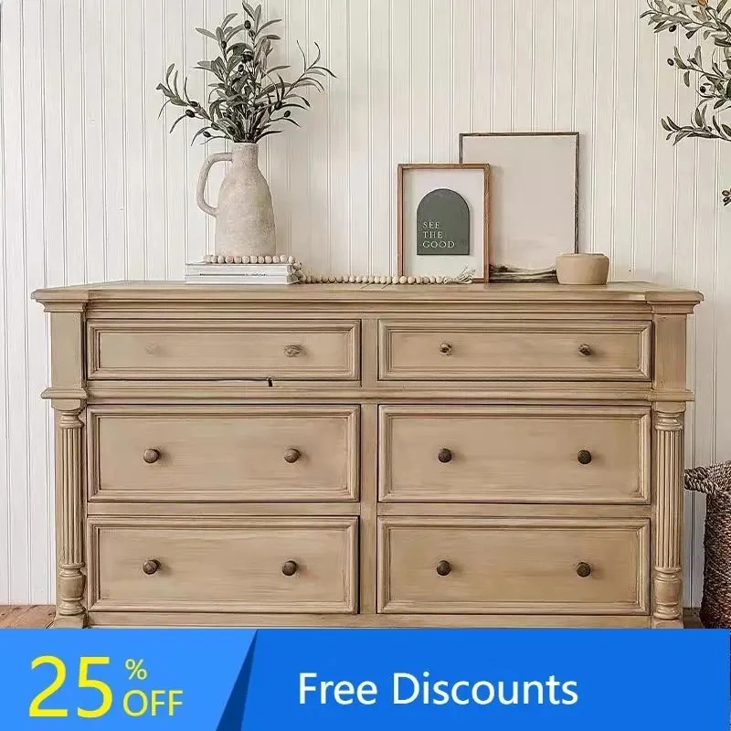 Style Solid Wood Six-Drawer Cabinet Simple Living Room Storage Cabinet American Retro Wall-Mounted Entryway Cabinet