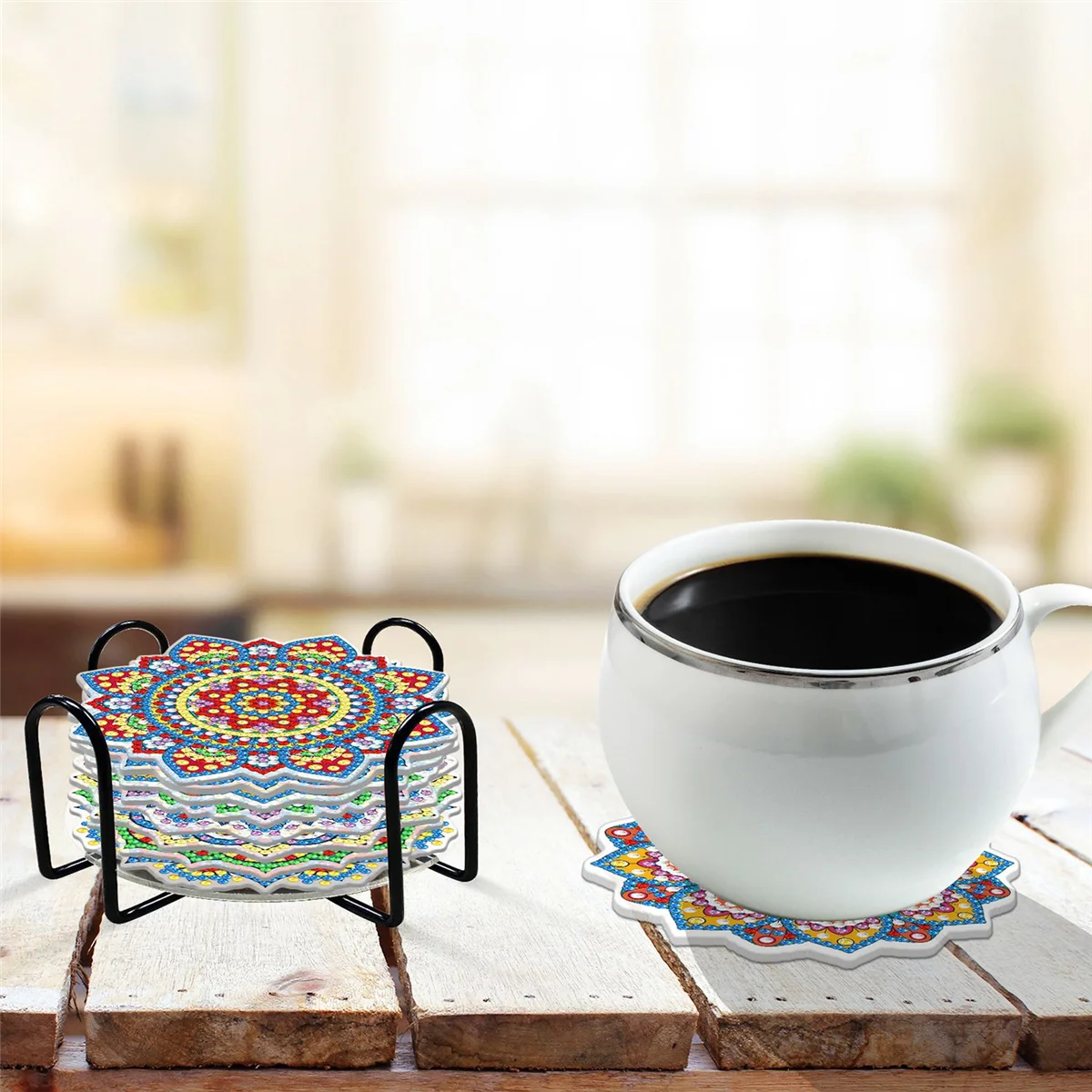 A32P_8 قطعة من قواعد الأكواب الماسية، مجموعات الوقايات الفنية الماسية ماندالا مع حامل، مجموعات الطلاء الماسي DIY للبالغين