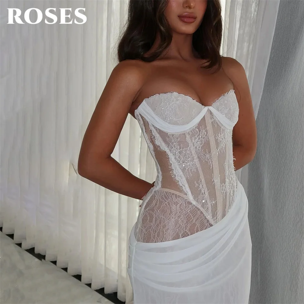 

ROSES White Mermaid Evening Dress Sweetheart Gala Dress with Lace Appliques Formal Dresses Draped Chiffon Party Dress Customized