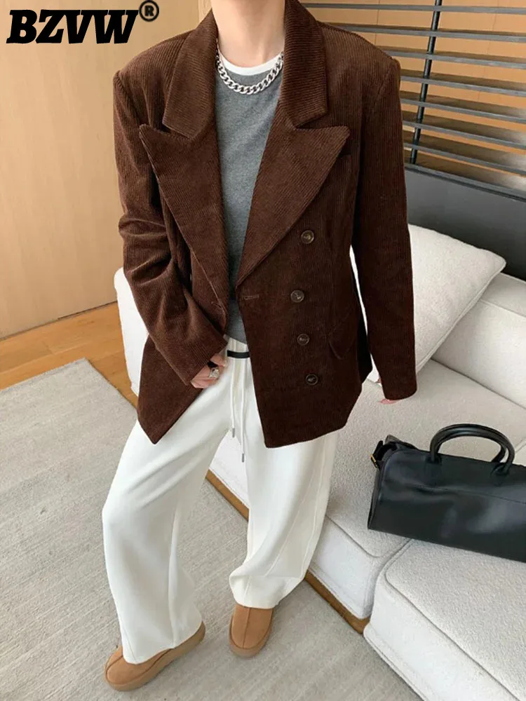 

BZVW Office Lady Corduroy Blazer Women's Notched Double Breasted Solid Color Casual Coat 2024 Autumn New Clothing 25A8500