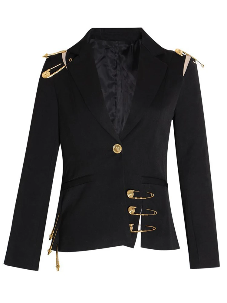 VGH Solid Patchwork Metal Buckle Blazers For Women Notched Collar Long Sleeve Spliced Button Minimalist Slimming Blazer Female