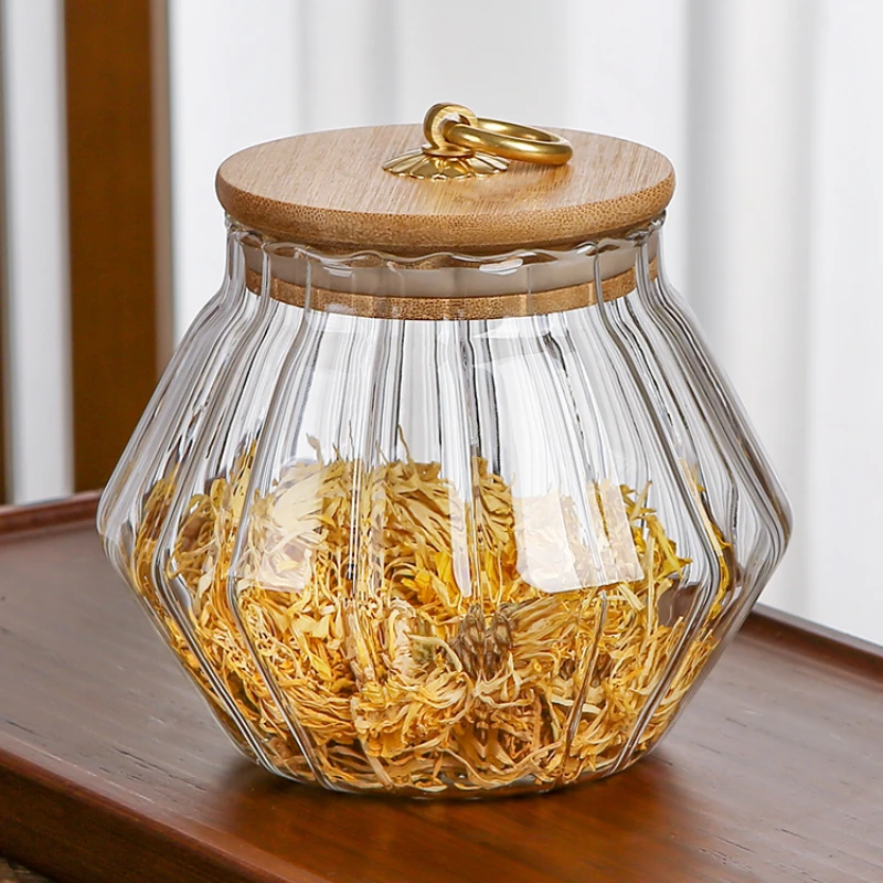 Tea jar Flower tea jar Glass sealed jar coffee bean jar Household tea bin Kitchen storage jar through storage bottle