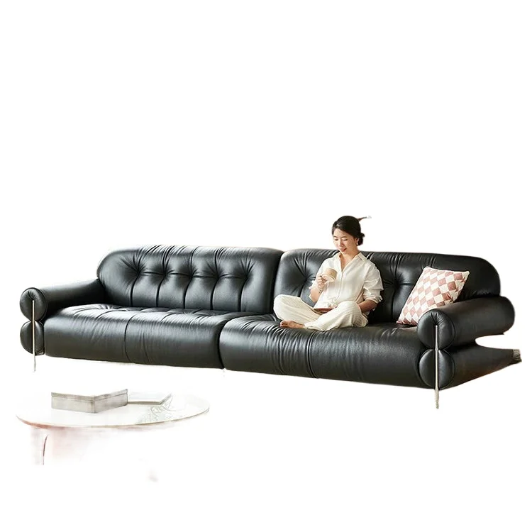 

Черный первый слой воловьей кожи во французском стиле ретро, итальянский минималистичный средневековый кожаный диван