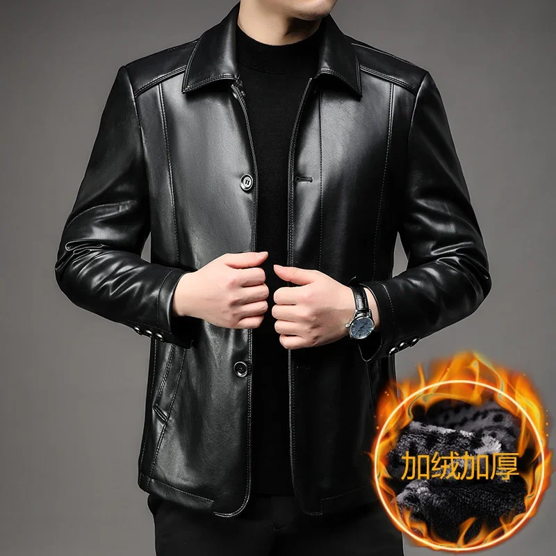 Chaqueta de cuero gruesa y cálida para hombre, abrigo suelto con solapa, moda de otoño e invierno