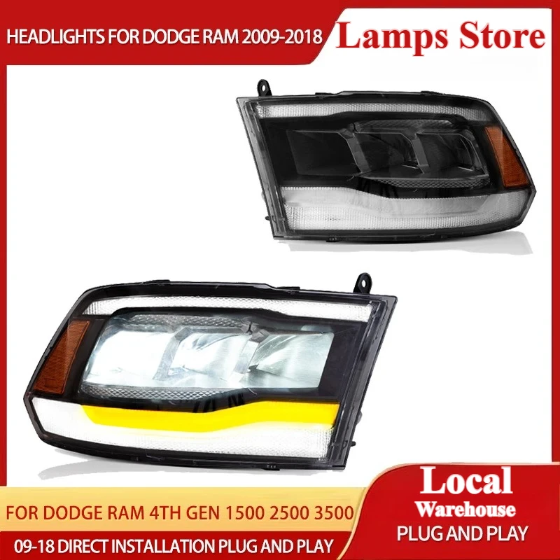 Image of 2 Stück Voll-LED-Scheinwerfer für Dodge Ram 1500 2500 3500 2009-2018 Reflektorschüssel Scheinwerfer-Baugruppe DRL Sequentieller Blinker