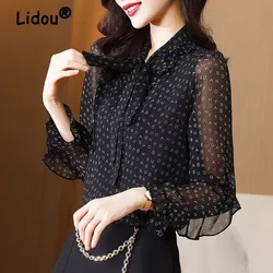 Mulheres elegantes preto chiffon camisa escritório senhora arco gaze vintage blusas primavera manga longa impressão moda pullovers 2022