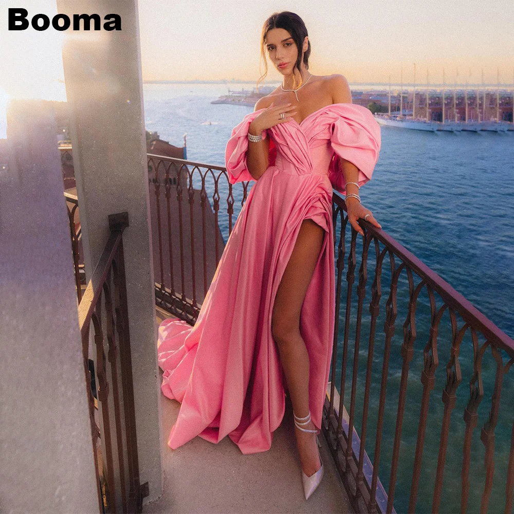 Booma Pink Stain A-Line Prom Dresses Off Shoulder Pleat Party Gown High Slit Special Occasion for Events Evening Dress Customize