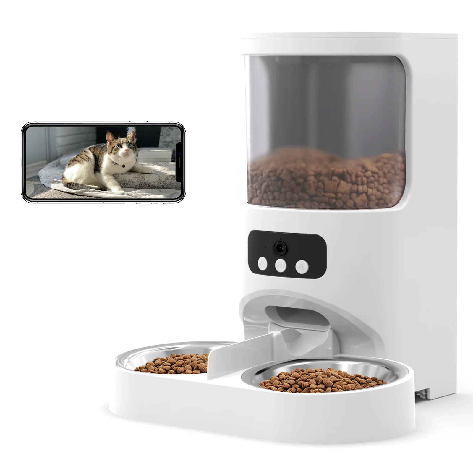 Automatic Pet Feeder with Dual Bowls, Voice and Video Functions, and Timed, Quantitative Feeding. Remote Control Via App.