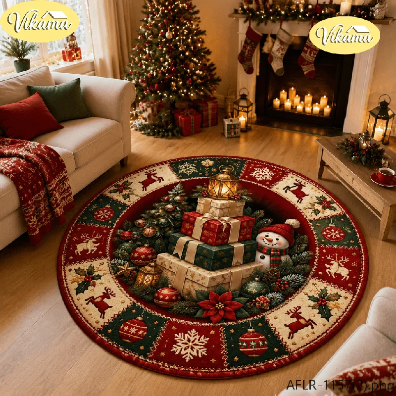 VIKAMA Christmas Gift Stack Round Rug, Non-Slip and Machine-Washable Living Room Carpet, Rustic Holiday Area Rug, Home Decor