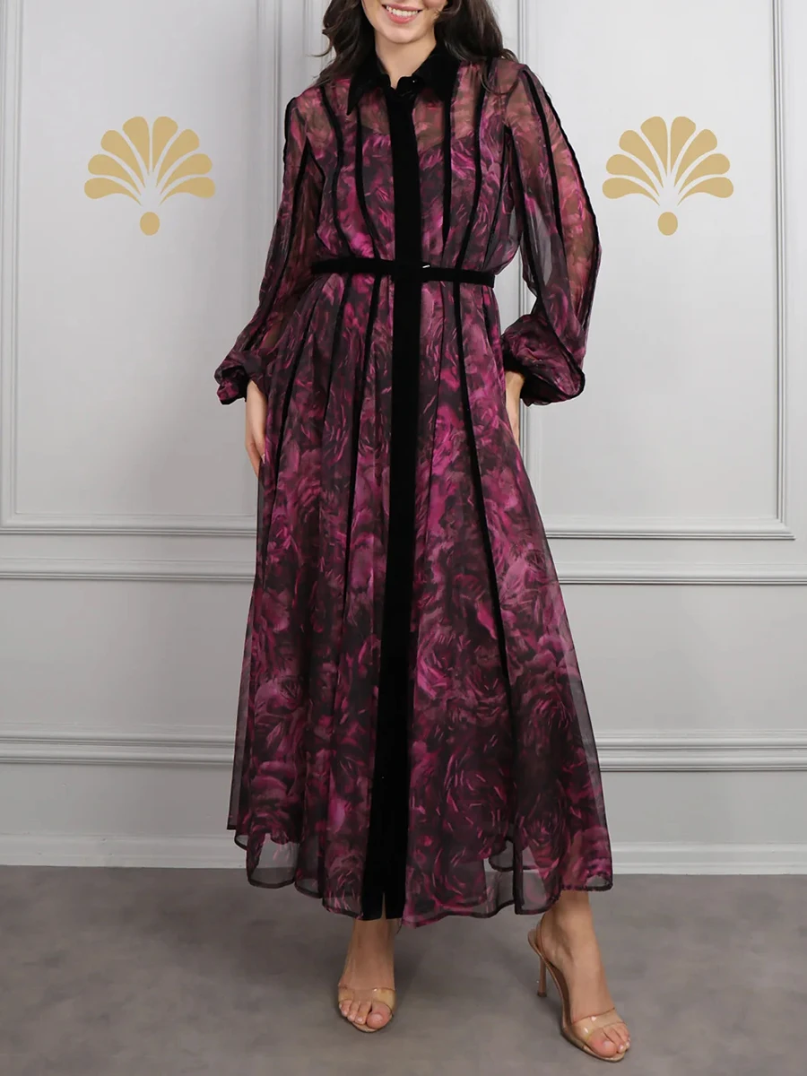 VGH – robe longue Vintage à imprimé Floral pour femmes, manches lanternes à revers, taille haute, Patchwork, maille transparente, nouvelle tendance