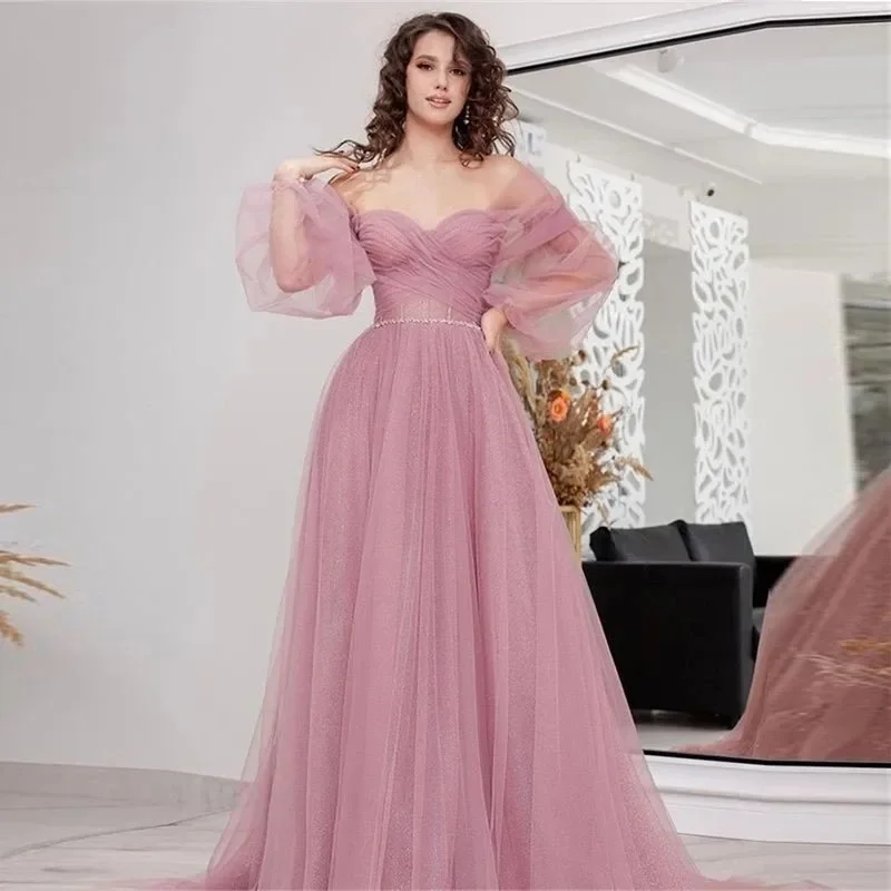 

Luxury Dusty Pink Long Prom Dresses Tulle Puffy Sleeves Illusion Sweetheart Robe De Soirée De Mariage Evening Party Gowns