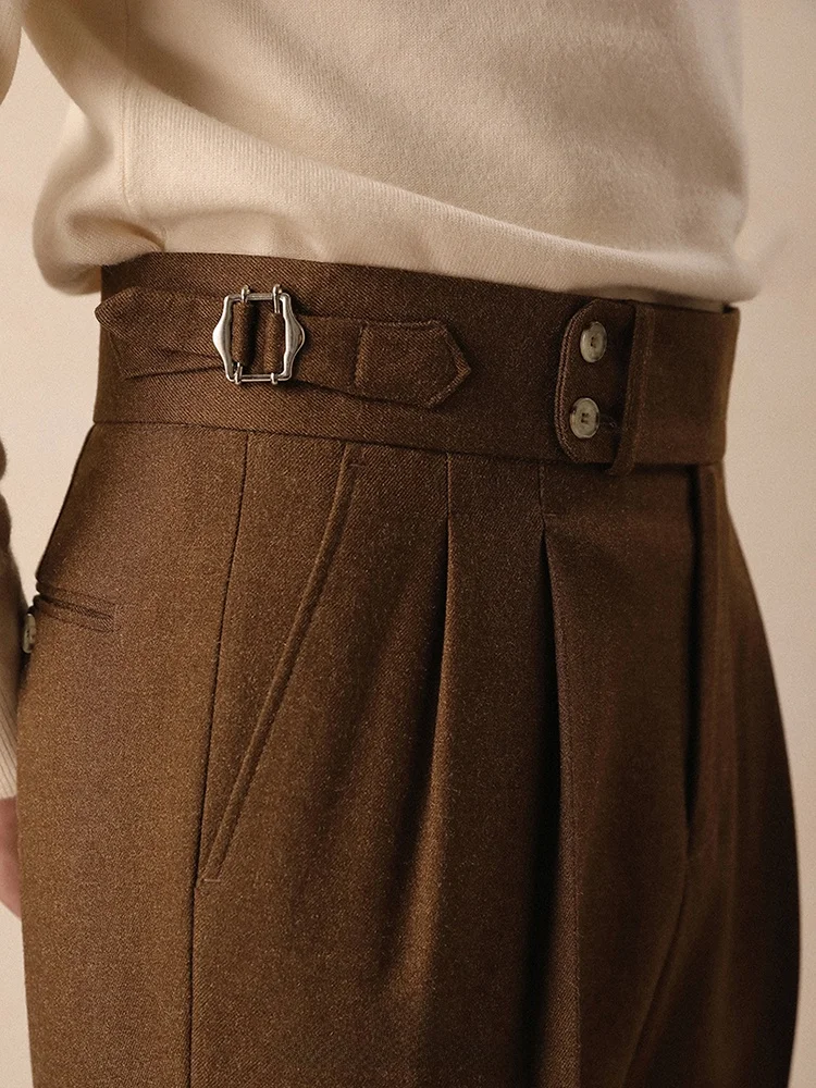 

Men's Woolen Suit Pants Paris Button Business Casual Drapey Long Pants Naples Warm High Waist Straight Leg Pants