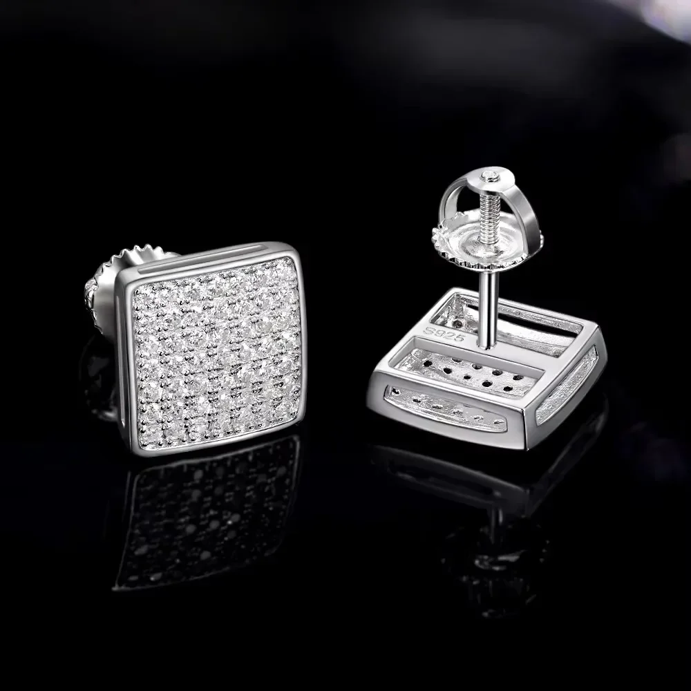 Full Moissanite Square Stud Earrings for Men/Women S925 Sterling Silver 18K Yellow Gold Plated Pass Diamond Test D VVS1 Jewelry