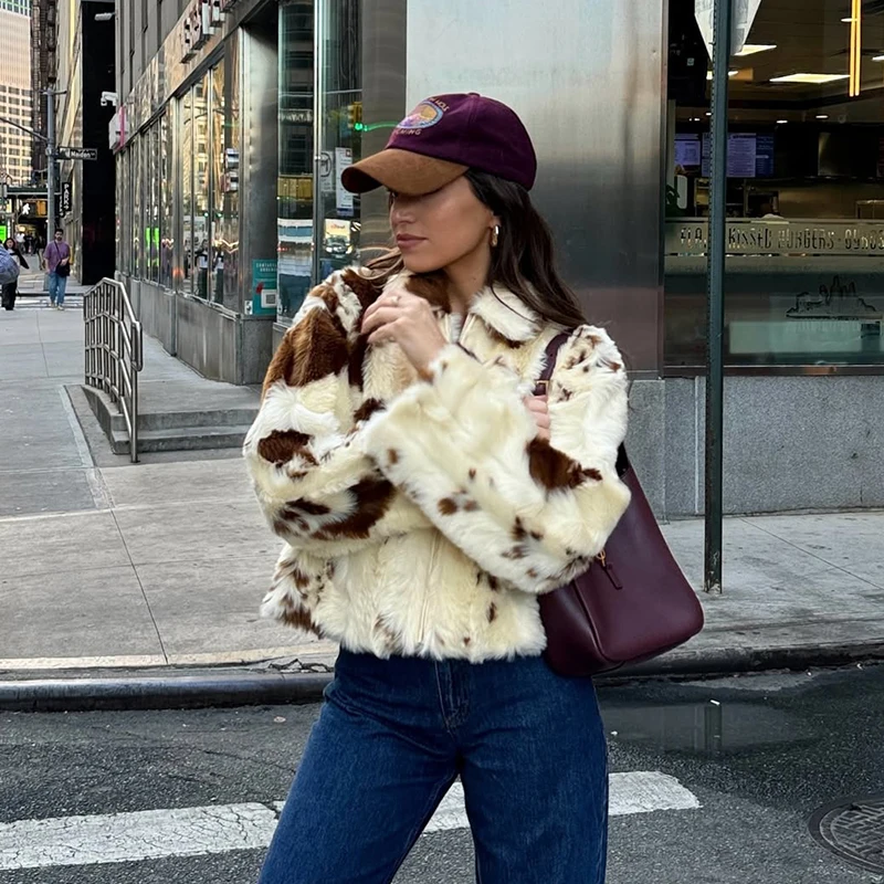 Chic Street Girls Cow Print Fur Coat Women 2026 Winter New Brand Fashion Warm Faux Fur Jacket Autumn Iconic Streetwear