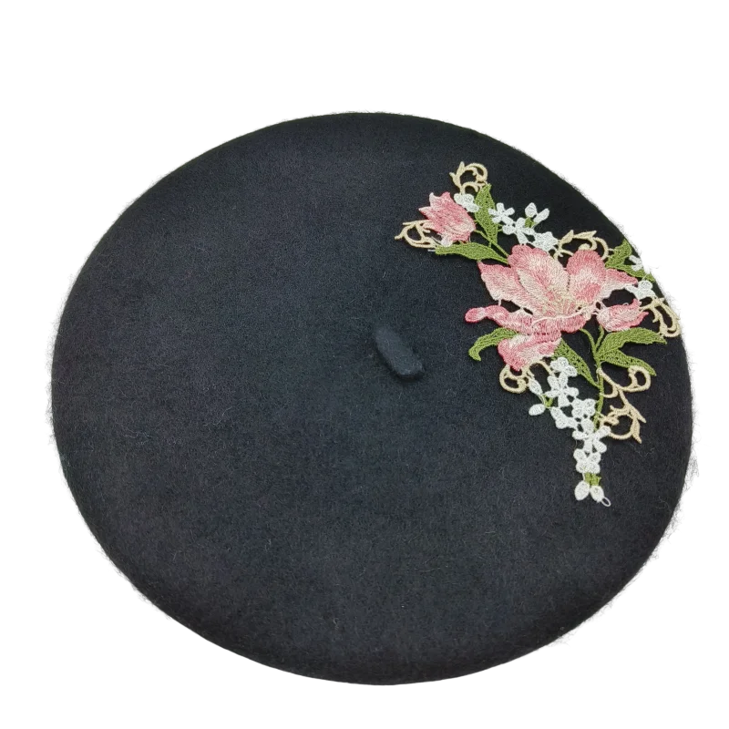 beret Women Autumn and winter new hats for women flower beret elegant solid color versatile vintage painter hat embroidery  모자