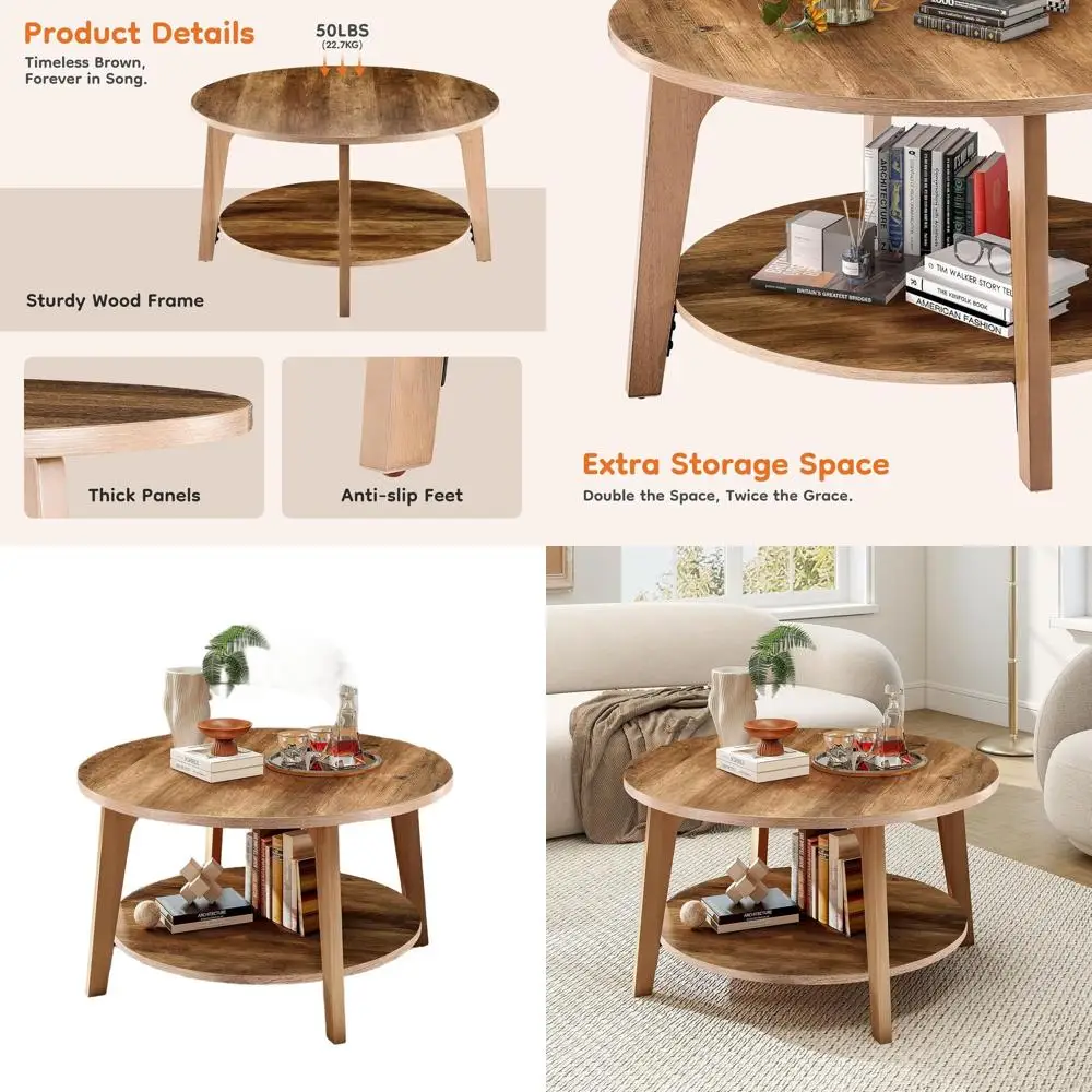 

Modern Farmhouse 32 Round Wood Coffee Table with Storage, 2-Tier Center, 50 lbs Capacity, Brown