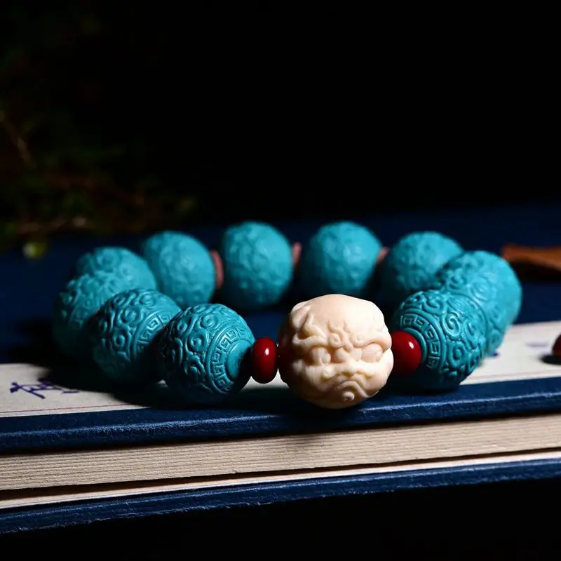 Hubei Shiyan Qin Ancient Turquoise Carved Fret Beads Single Ring Bracelet Men and Women All-Match Beeswax Beads Bracelet