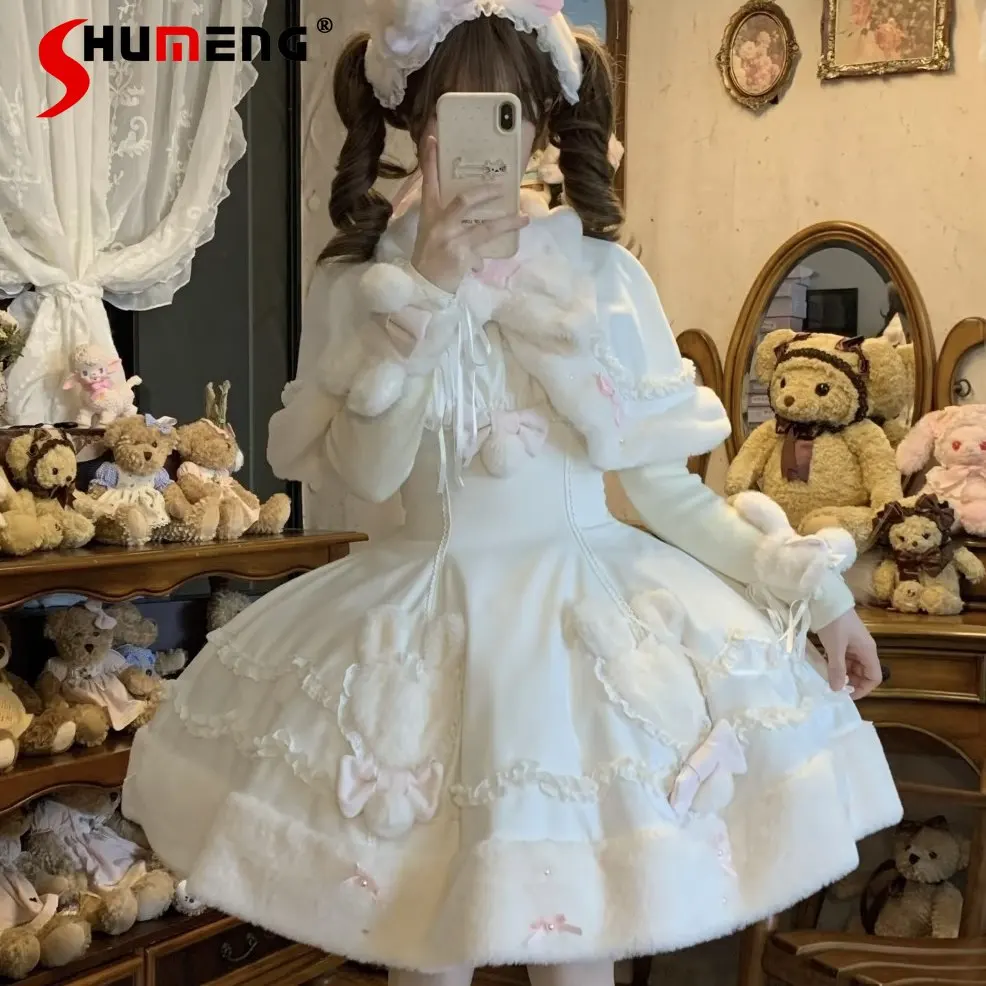 

Elegant Sweet Rabbit Ear Plush Cape Sleeveless 3D Bow Heart High Waist Slim A-line Lolita JSK Short Dress Sets for Women Winter