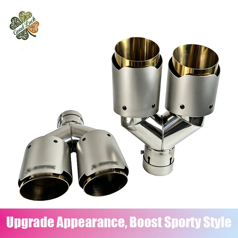

1PC AK Logo Stainless Steel Double Layer Y-Shaped Car Exhaust Pipe Tip Universal Accessory Inner Gold Outer Matte for Automobile