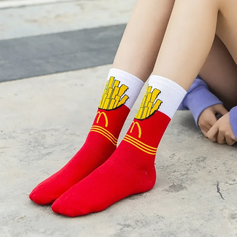 Colorful Women\'s Socks Fries Coke Fruits Banana Avocado Lemon Egg Cookie Donuts Food Happy Color Sox Harajuku Socks Men