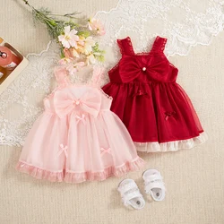 Baby Dresses Summer Sleeveless Bow Princess'S Imitation Satin Baby Clothes Girl First Birthday Outfit Princess Girl'S Gift