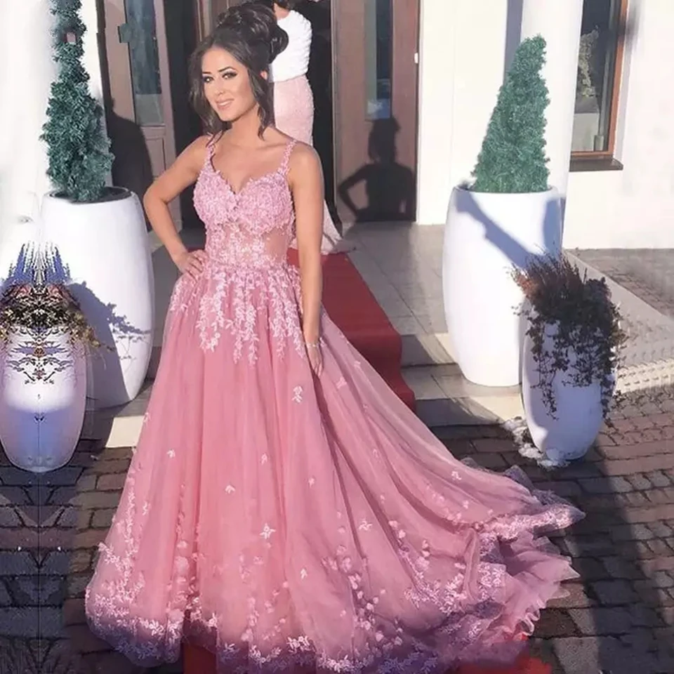 2025 New Pink Prom Dresses Women Formal Party Elegant A-Line Vestidos De Gala Appliques Lace Sleeveless Tulle Long Evening Gowns