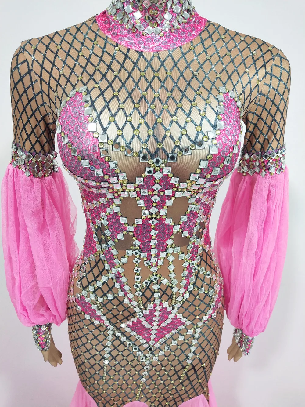 In Stock Luxury Evening Party Singer Host Stage Floor Length Gown Pink Rhinestones Mesh Trailing Dress Birthday Prom Long Dress