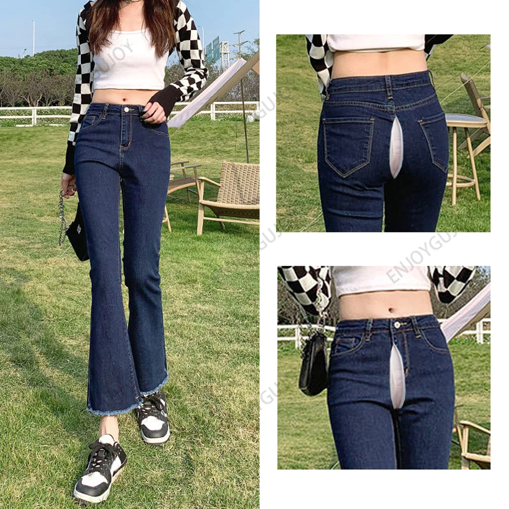 Unsichtbare Jeans mit offenem Schritt, Micro Flared Jeans, abnehmende lässige 9-teilige Hose, Outdoor-Sex