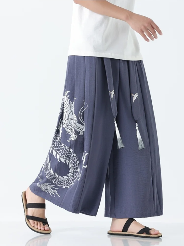 

Новые китайские мужские летние легкие брюки ханьфу с широкими штанинами, повседневные дышащие свободные брюки с модным этническим узором