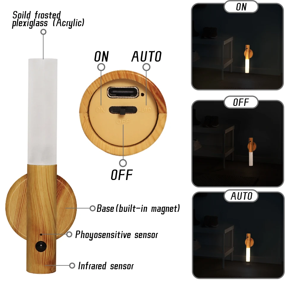 สีไม้ LED แบบชาร์จไฟได้ USB Night Light Grain Sensor ตู้ครัวตู้เสื้อผ้า Light มือถือการออกแบบแม่เหล็กโคมไฟข้างเตียง