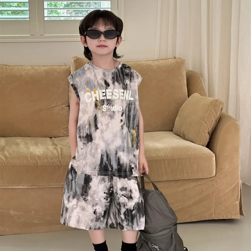 

Boys Set Korea Style 2024 Summer New Camouflage Sleeveless Tank Top Short Two Piece Handsome Boys Fashion Kids Summer Clothes