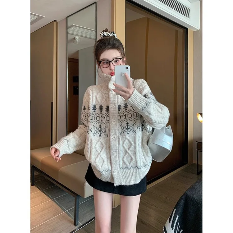 

Womens Sweater Spring and Autumn Korean Edition Retro Contrast Jacquard Design Sense Stand Up Collar Lazy Style Coat