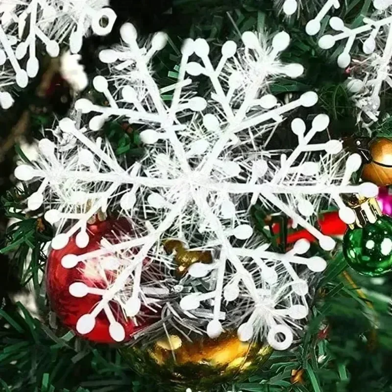 Christmas Plastic White Snowflakes Ornaments Xmas Tree Hanging Pendant Artificial Glitter Snow Flake Home DIY Wreath Decoration