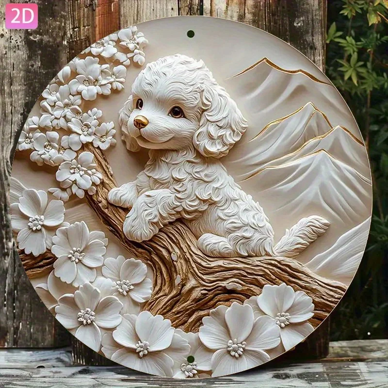HD Tin Sign, 3D Effect Poodle Dog Flower Round Metal Wall Art, Cute Pet Home Decor