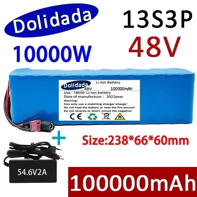 

2024 Новый 48 В 100000 mAh 1000W 13S3P 48V литий-ионный аккумулятор 100Ah, подходит для электрических велосипедных скутеров 54,6 В с BMS + зарядное устройство