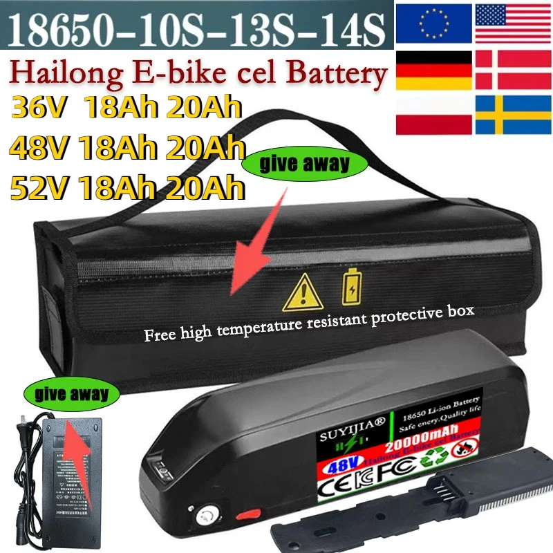 New 36V 48V 52V 15AH 18AH 20AH 18AH Hailong Battery Pack 18650 Built-in BMS for 1500W High Power Electric Two Wheeler Battery