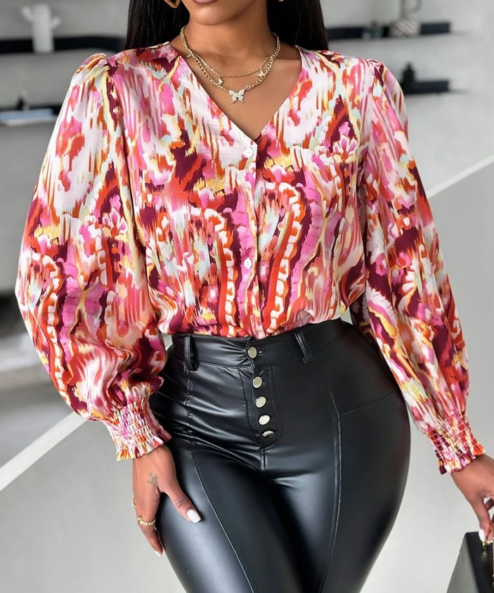 Fashion Woman Blouse 2024 Spring All Over Print Shirred Casual V-Neck Long Sleeve Button Daily Top Y2K Clothes